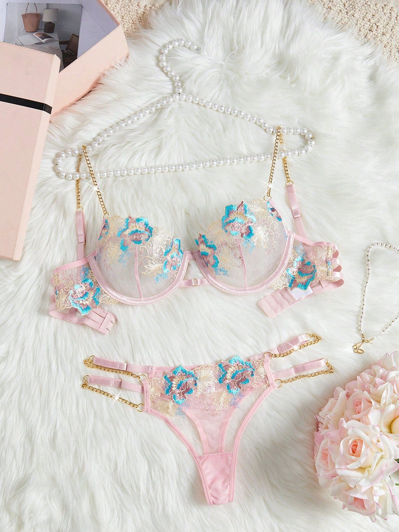 FloralLove Conjunto de lenceria sexy transparente bordada con cadenas de metal en 2 piezas para mujeres