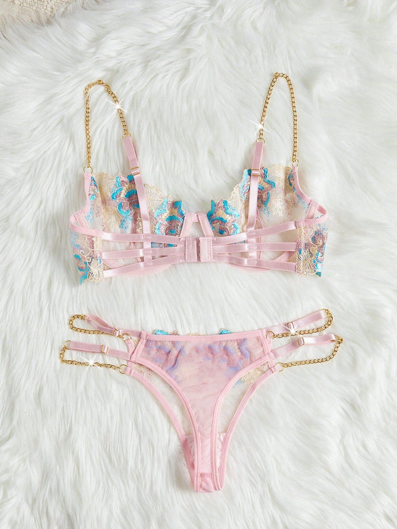 FloralLove Conjunto de lenceria sexy transparente bordada con cadenas de metal en 2 piezas para mujeres