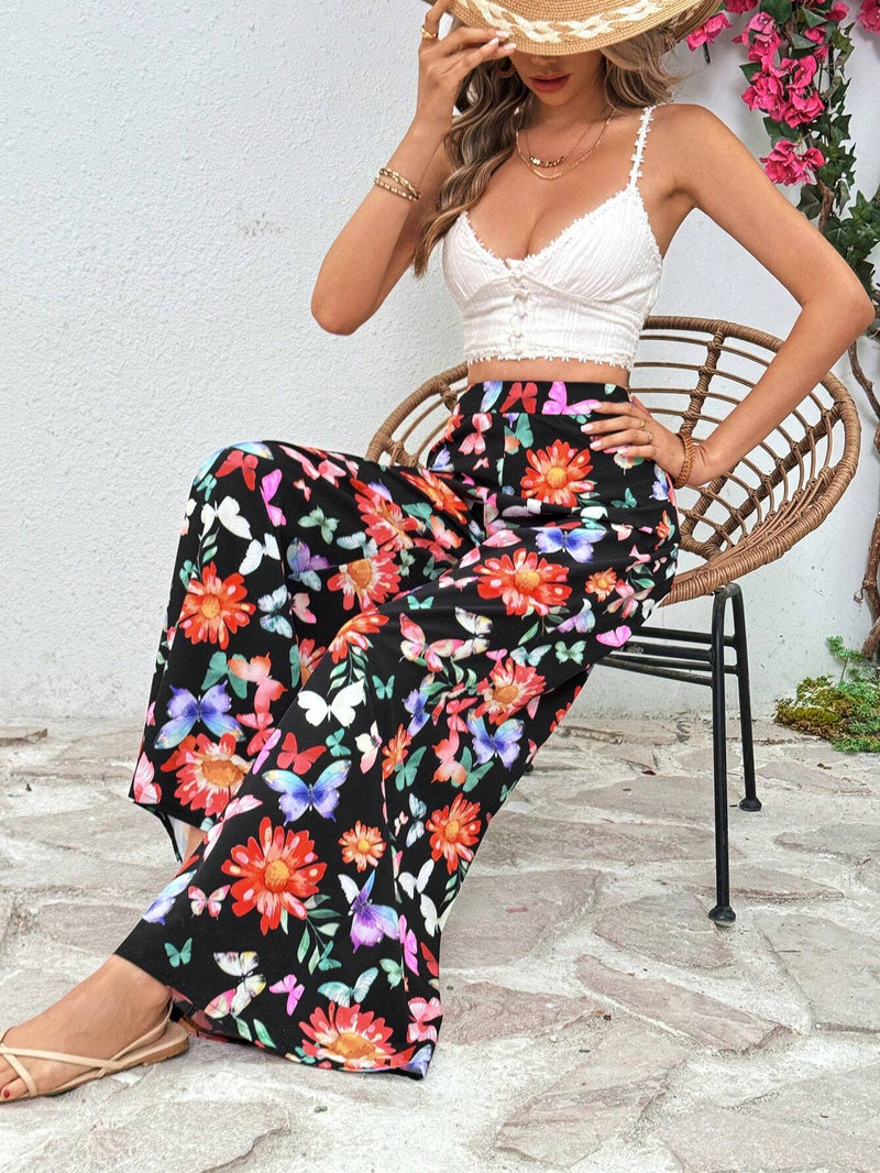 VCAY Pantalones anchos de mariposas y flores romanticos de verano