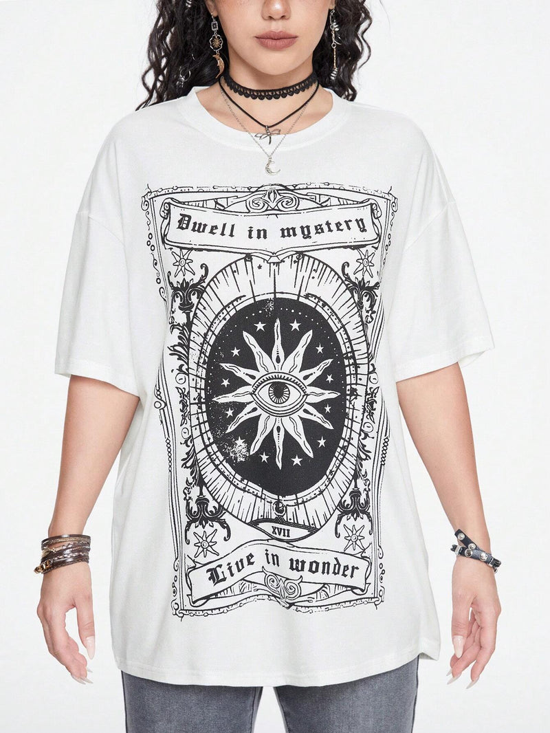 ROMWE Hippie Camiseta de hombros caidos con estampado de sol y Luna