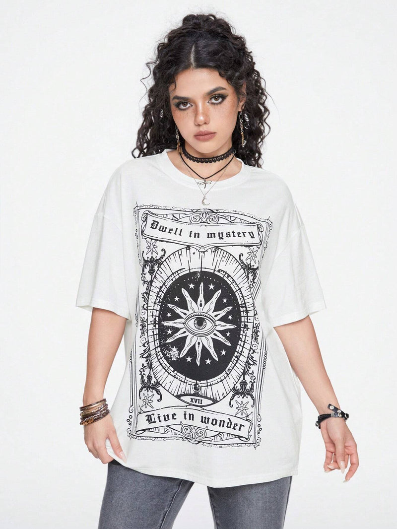 ROMWE Hippie Camiseta de hombros caidos con estampado de sol y Luna