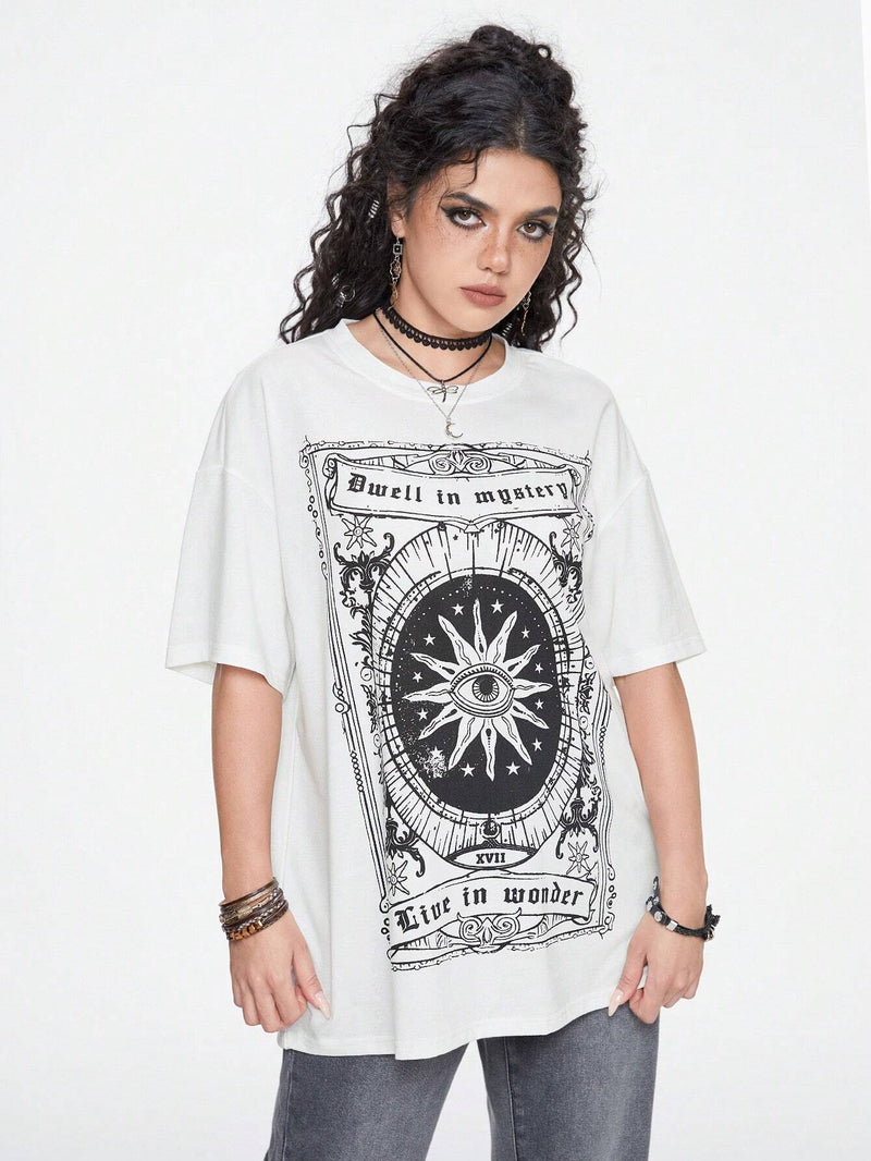 ROMWE Hippie Camiseta de hombros caidos con estampado de sol y Luna