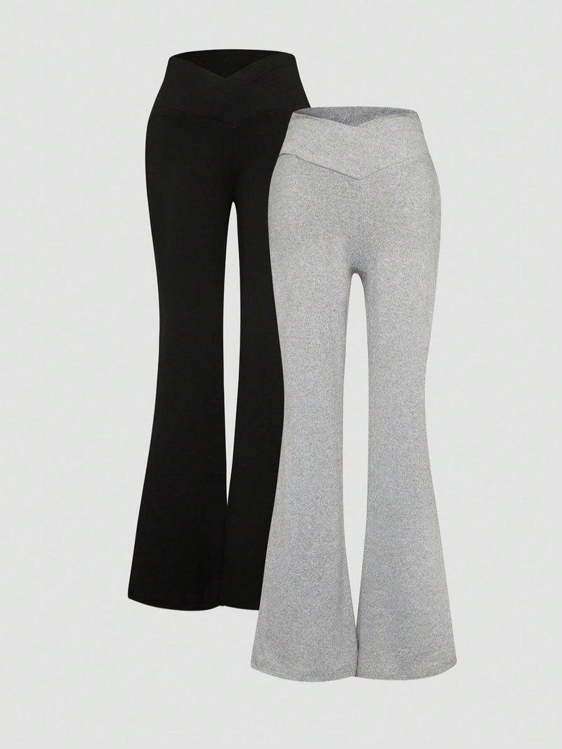 EZwear Conjunto de 2 piezas para mujer con pantalones acampanados casuales de ajuste delgado con cruce en la cintura en negro y gris