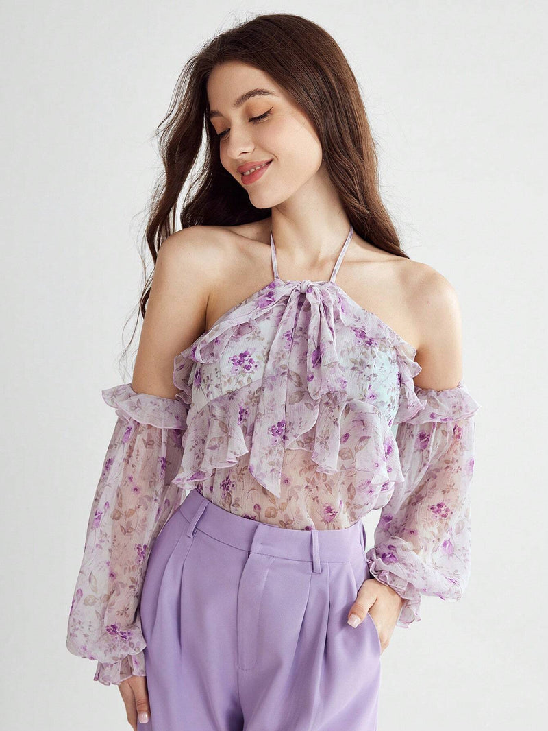 Enchnt Blusa con estampado floral, ribete de volantes, cuello halter y mangas de linterna