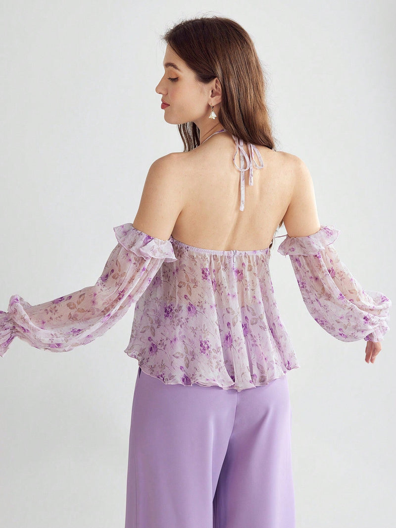 Enchnt Blusa con estampado floral, ribete de volantes, cuello halter y mangas de linterna