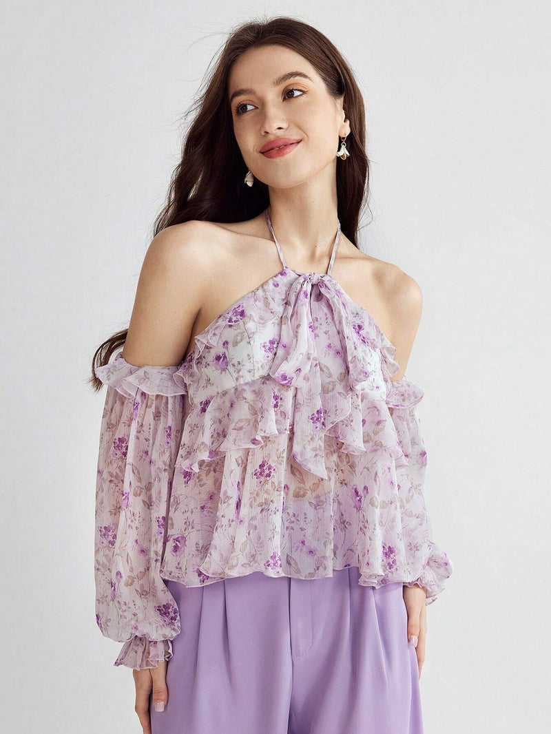 Enchnt Blusa con estampado floral, ribete de volantes, cuello halter y mangas de linterna