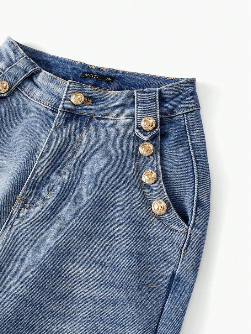 MOTF Classy JEANS AJUSTADOS CON BOLSILLOS EN DIAGONAL Y DETALLE DE BOTON DORADO