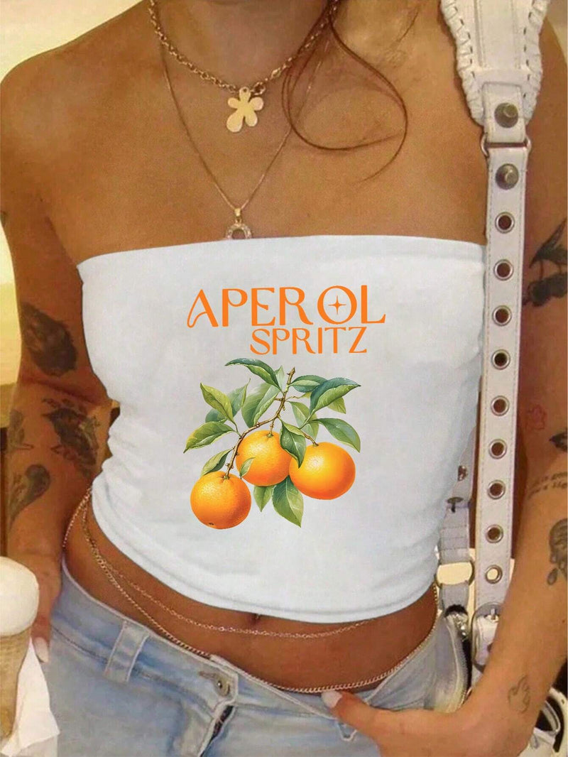 EZwear Top de tubo para mujer con estampado de frutas naranjas Y2K y eslogan impreso