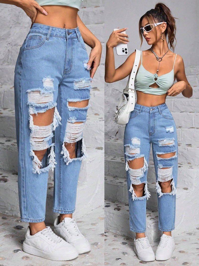 PETITE Jeans de mezclilla con forma conica y desgaste con bolsillos para mujer, para uso diario y casual