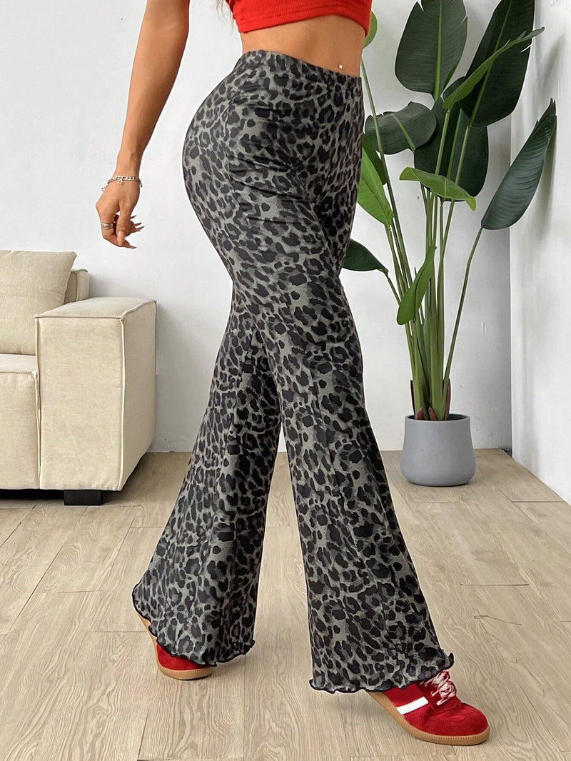 EZwear Pantalon largo de campana de punto con estampado de leopardo para mujer