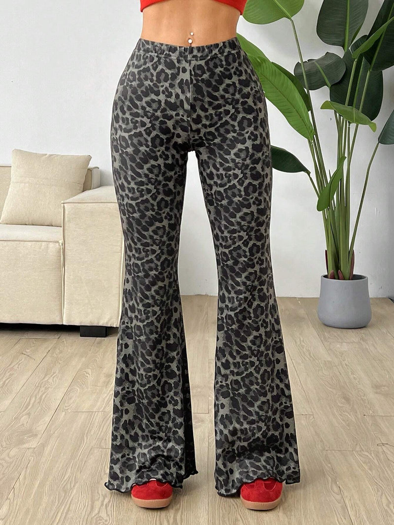 EZwear Pantalon largo de campana de punto con estampado de leopardo para mujer