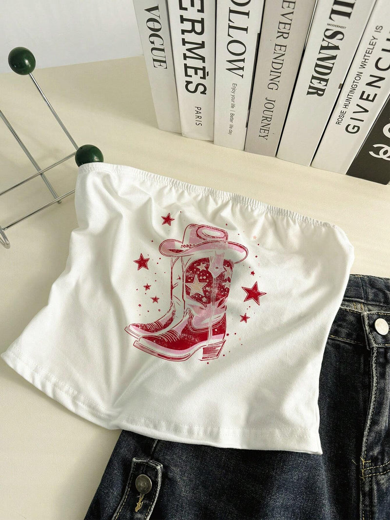 EZwear Botas vaqueras rosadas casuales para mujer, top corto blanco con estampado de estrellas, conjunto de Conjunto para festival de musica de verano