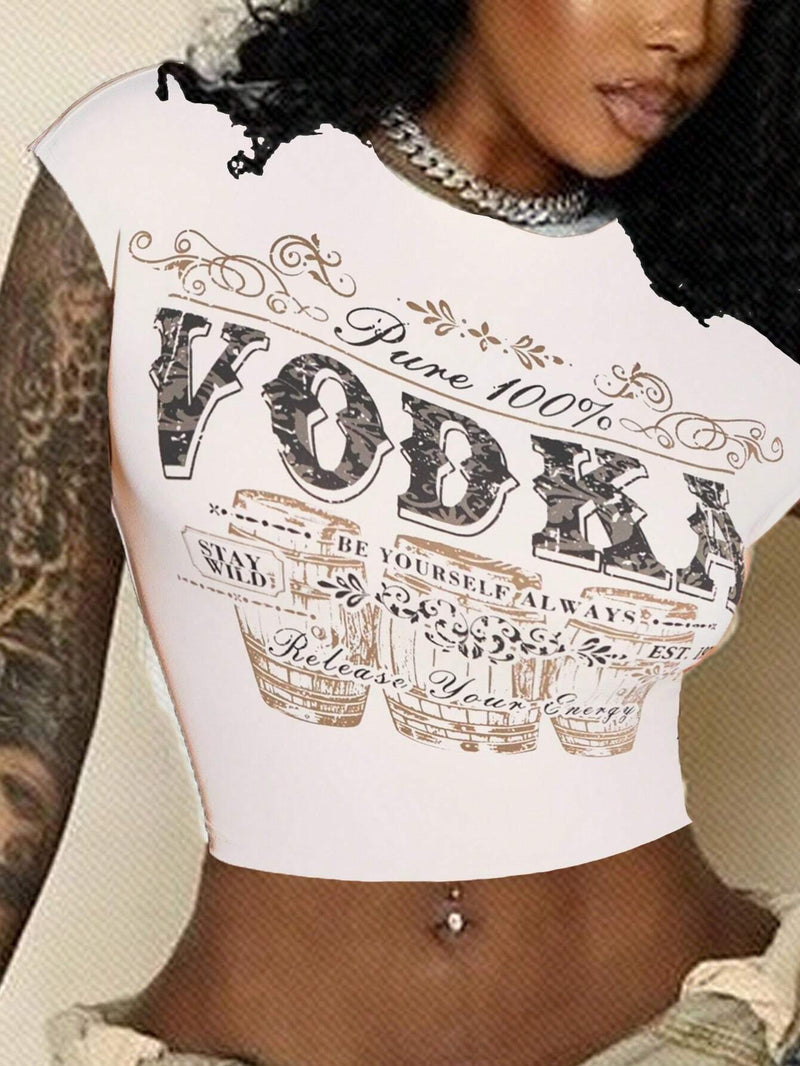 Top crop veraniego de manga corta con letra impresa y cuello redondo para mujer casual de calle con ajuste delgado