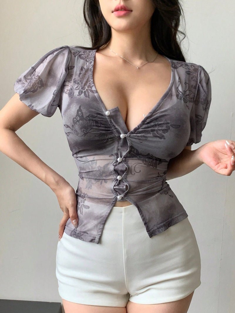 Camisa de mujer de manga corta con cuello en V con estampado completo