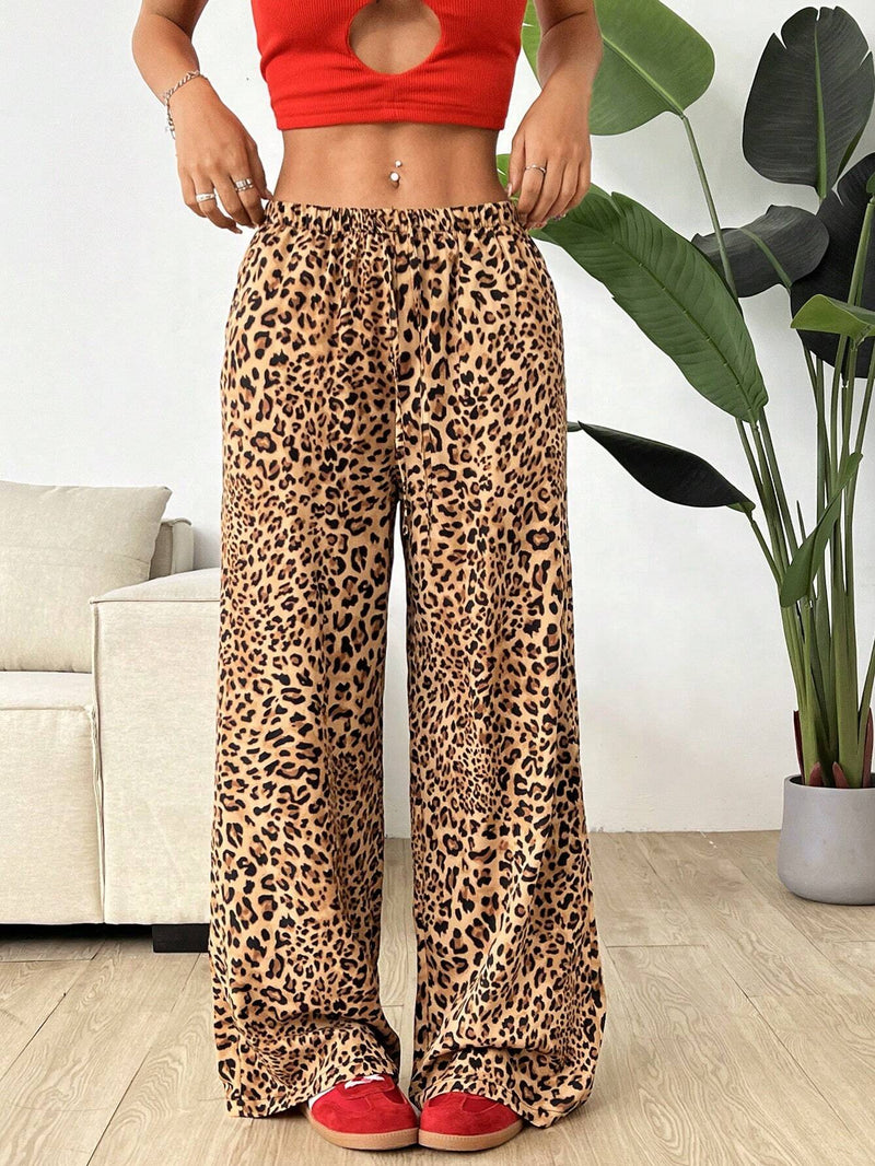 EZwear Pantalones casuales de pierna ancha con estampado de leopardo