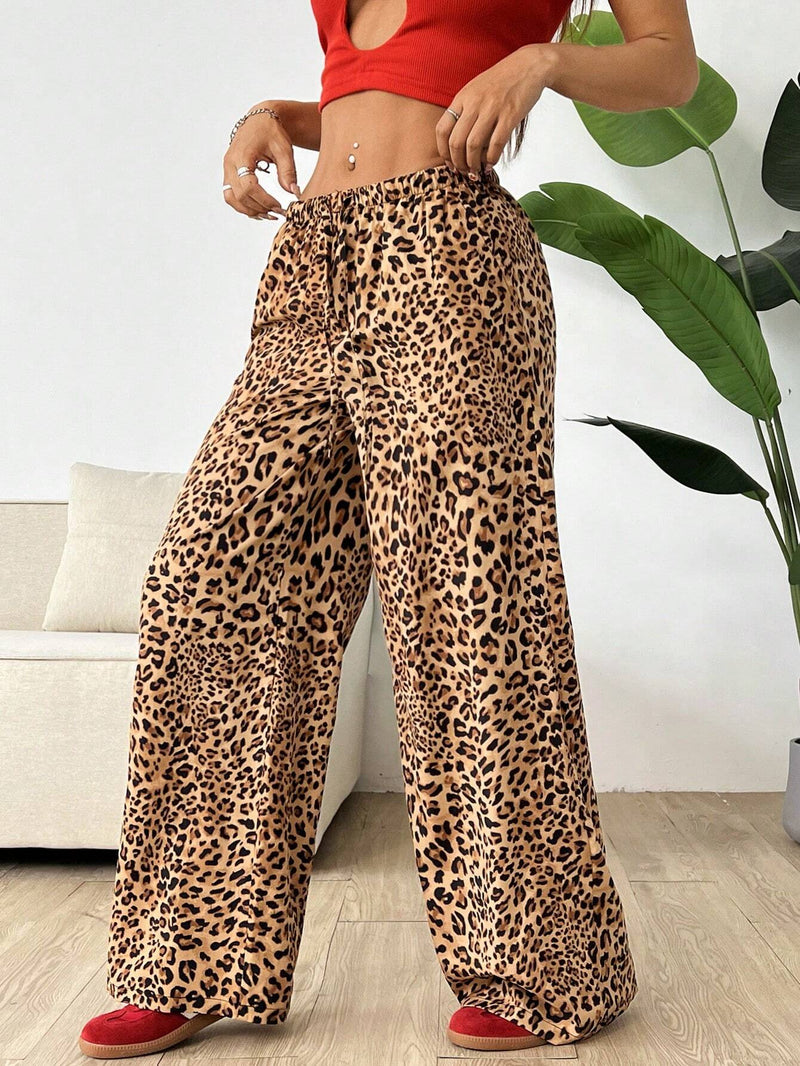 EZwear Pantalones casuales de pierna ancha con estampado de leopardo