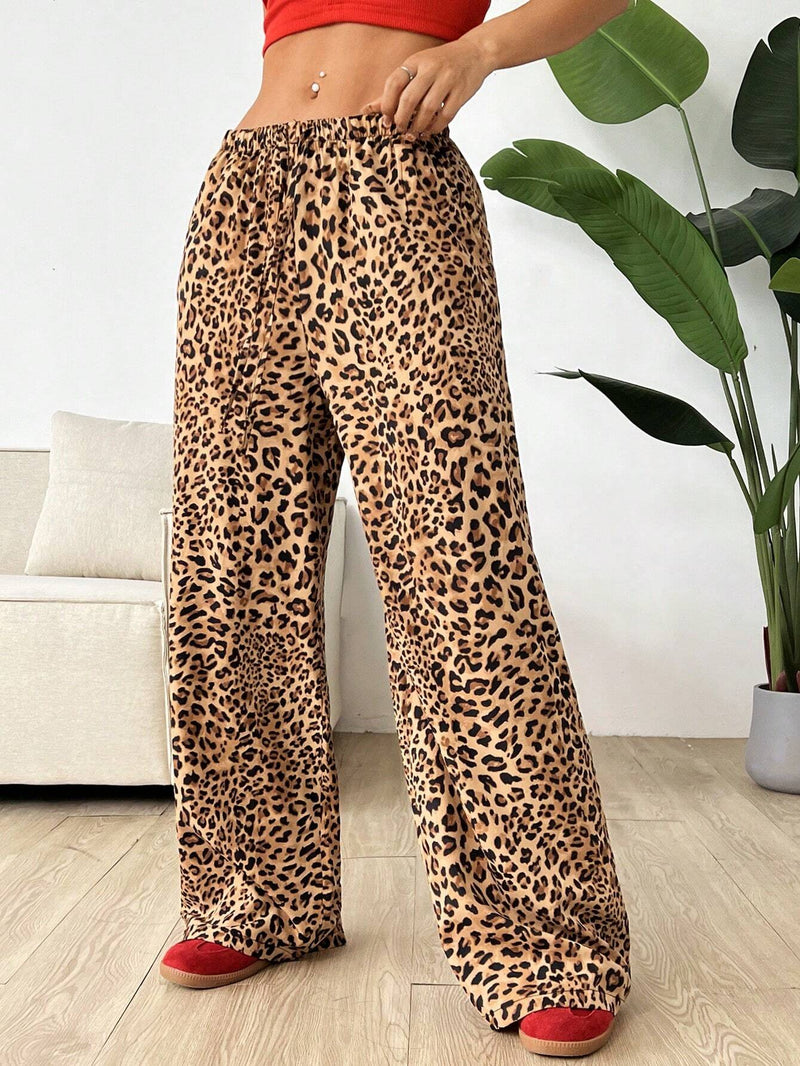 EZwear Pantalones casuales de pierna ancha con estampado de leopardo