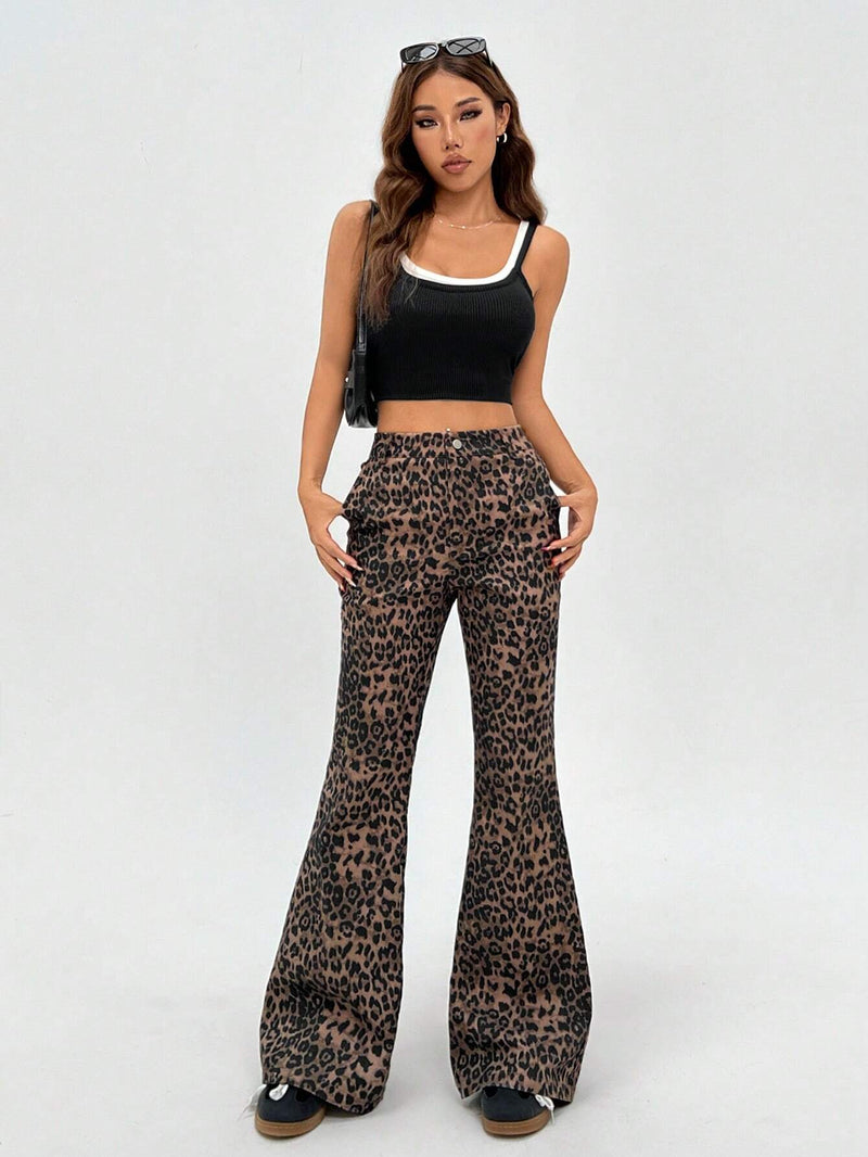 EZwear Pantalones acampanados con estampado de leopardo estilo Y2K