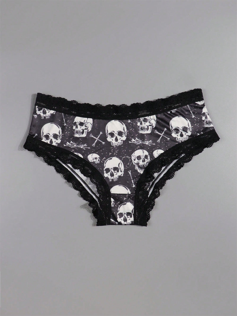 Dircho 4 piezas hipsters sexys y lindos para mujeres goticas con encaje contrastante, calzoncillos comodos y sedosos con estampado completo de calaveras negras, ojos, estrellas y hongos para halloween, ropa interior y lenceria para mujeres.