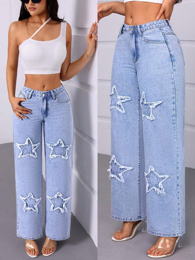 Essnce Jeans de pierna recta y corte holgado para mujer con bolsillos con forma de estrella y decoracion de parches