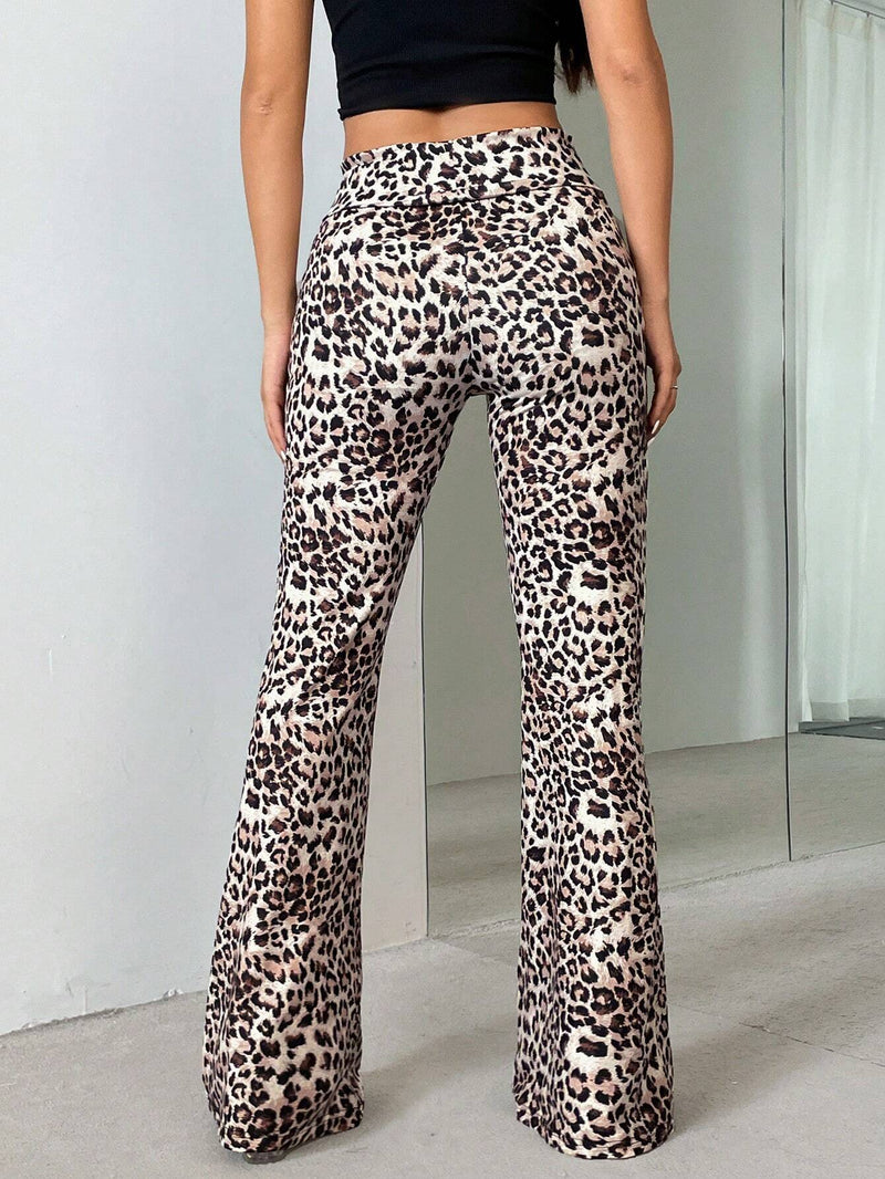 EZwear Pantalones acampanados de punto con estampado de leopardo y cintura doblada