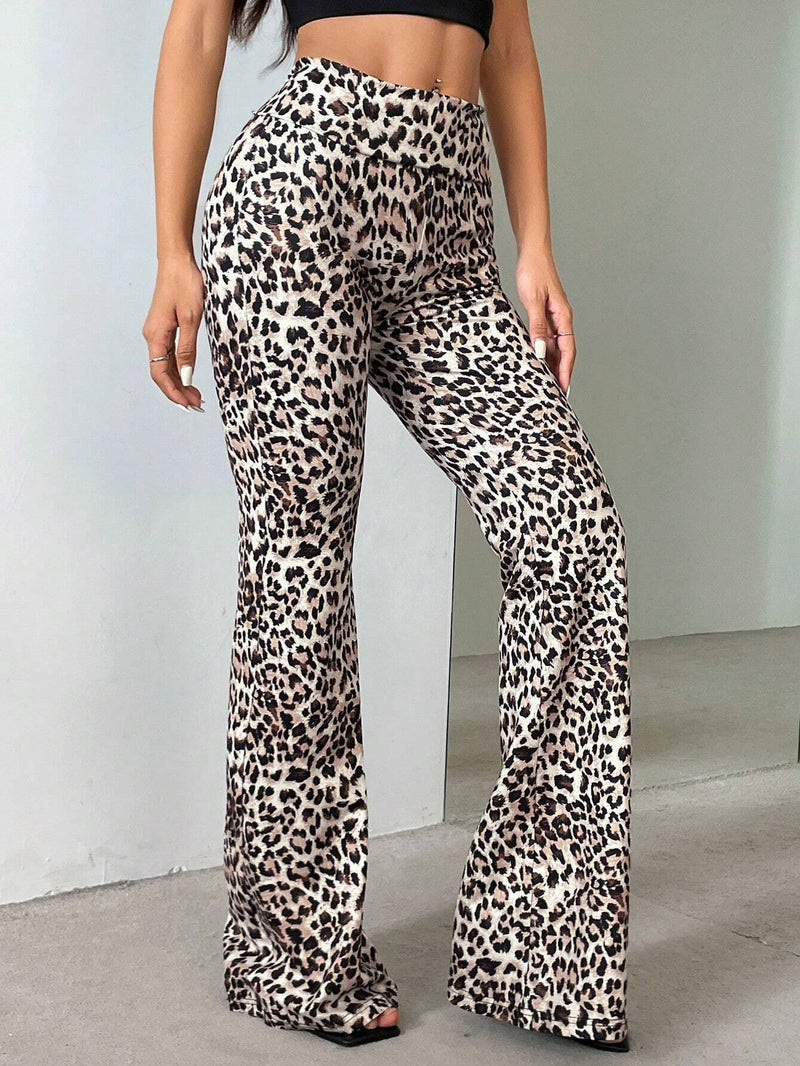 EZwear Pantalones acampanados de punto con estampado de leopardo y cintura doblada