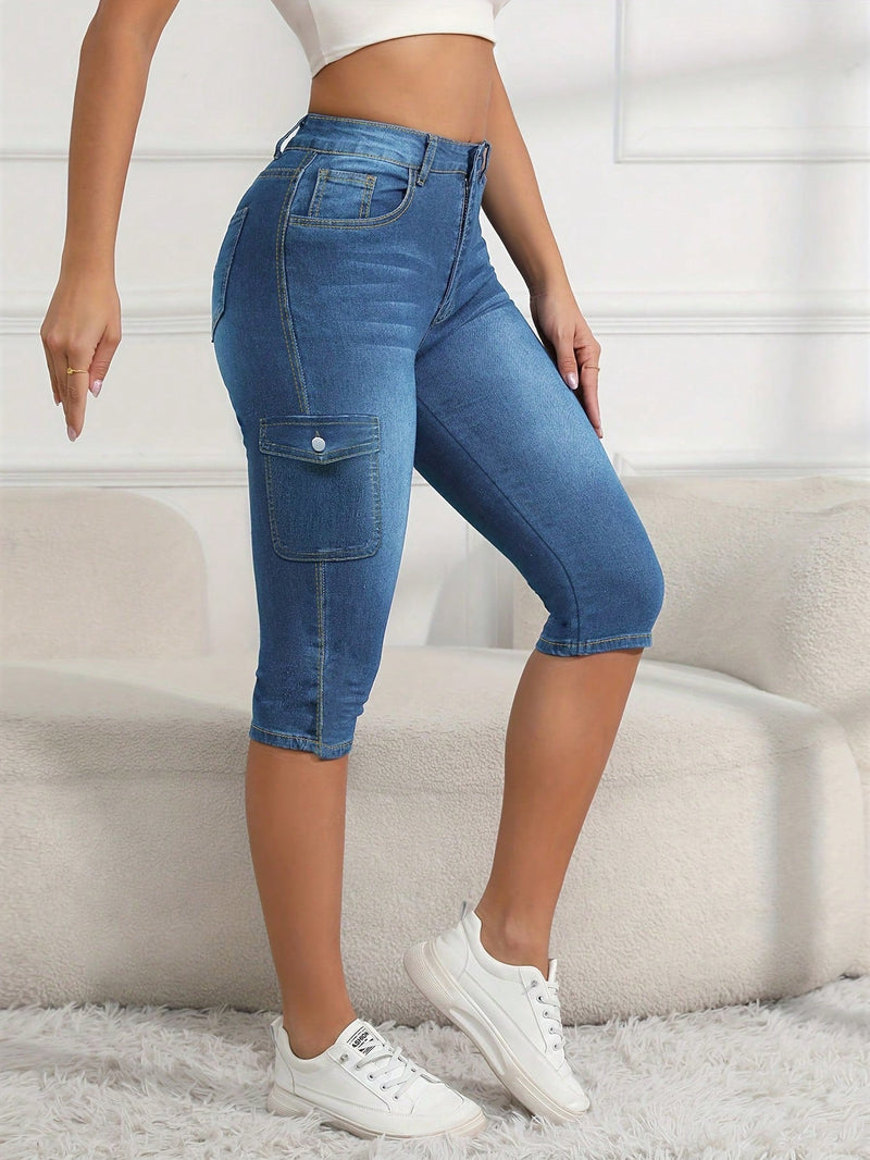 Pantalones Jeans capri para mujer con ajuste estrecho y bolsillos laterales elasticos