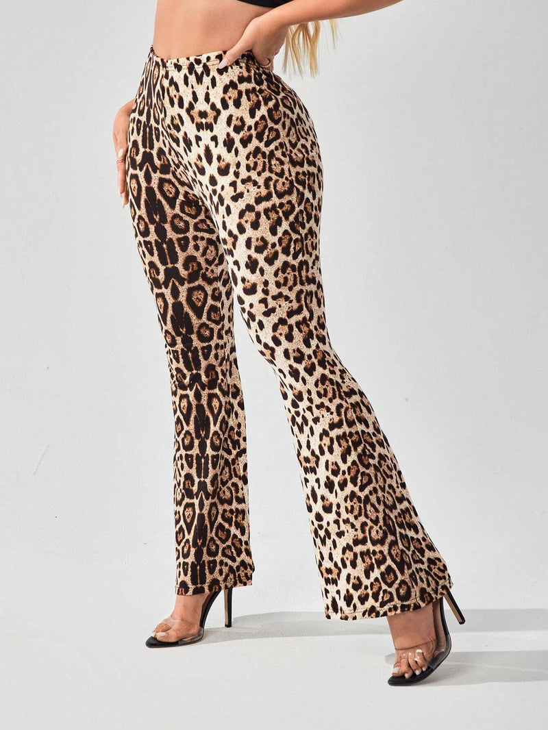 SXY Pantalones de pierna acampanada con estampado de leopardo