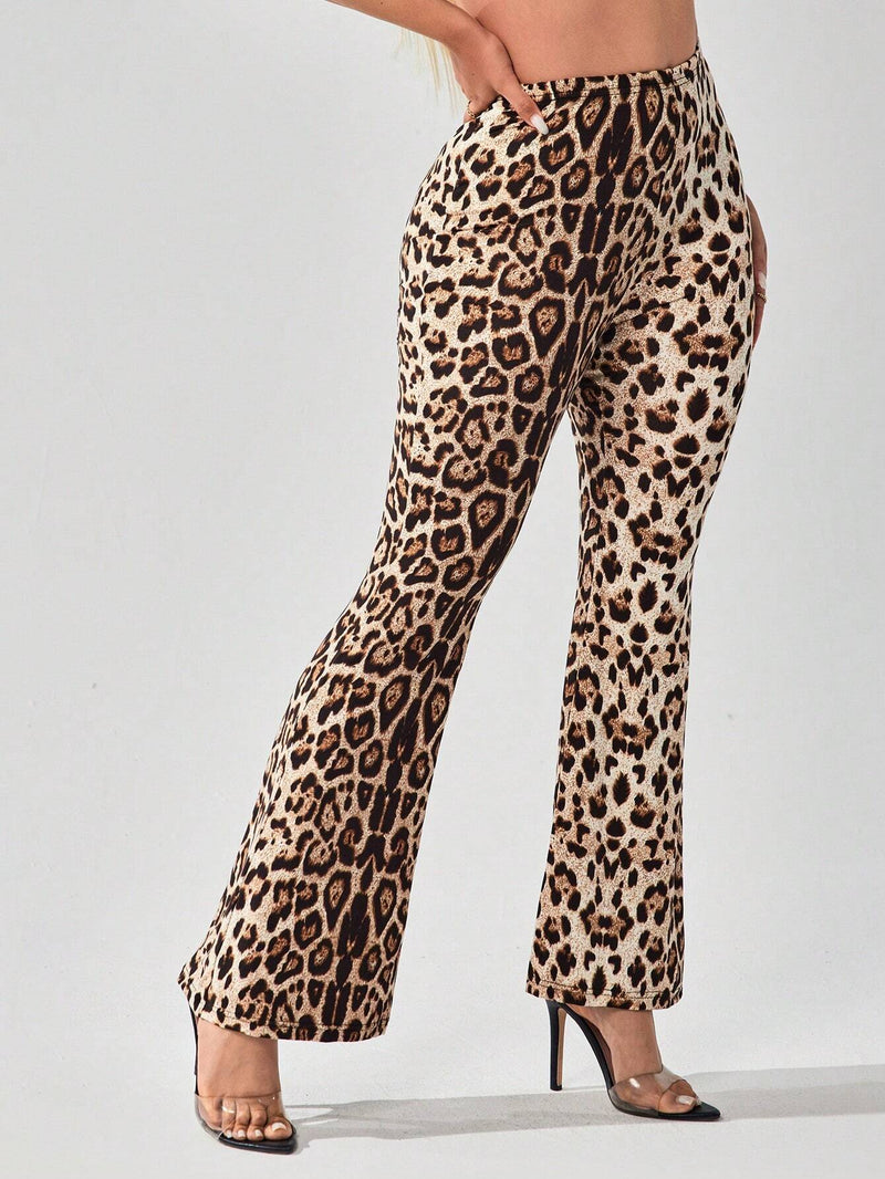 SXY Pantalones de pierna acampanada con estampado de leopardo