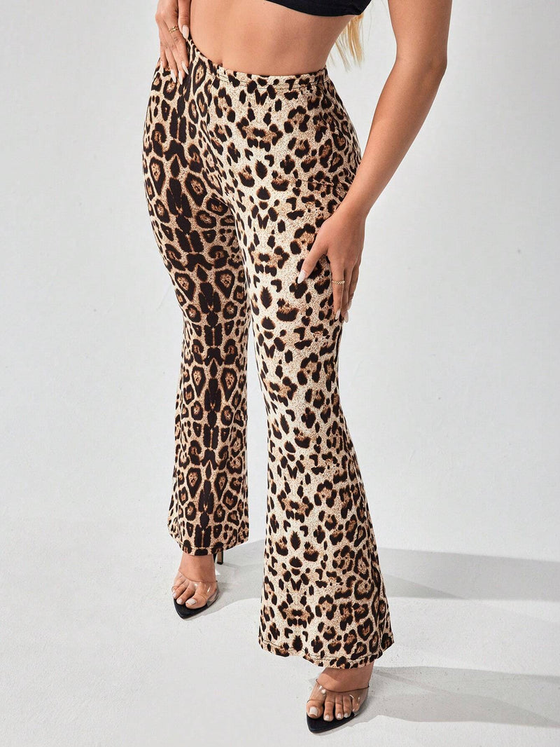 SXY Pantalones de pierna acampanada con estampado de leopardo