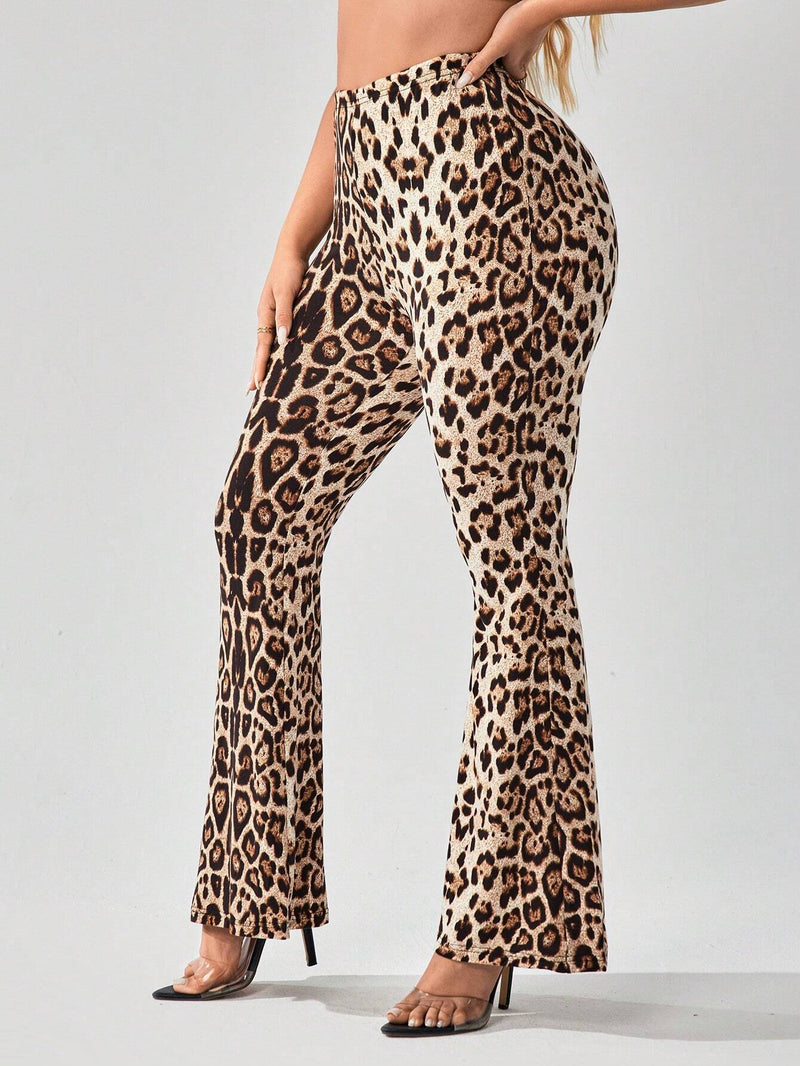 SXY Pantalones de pierna acampanada con estampado de leopardo