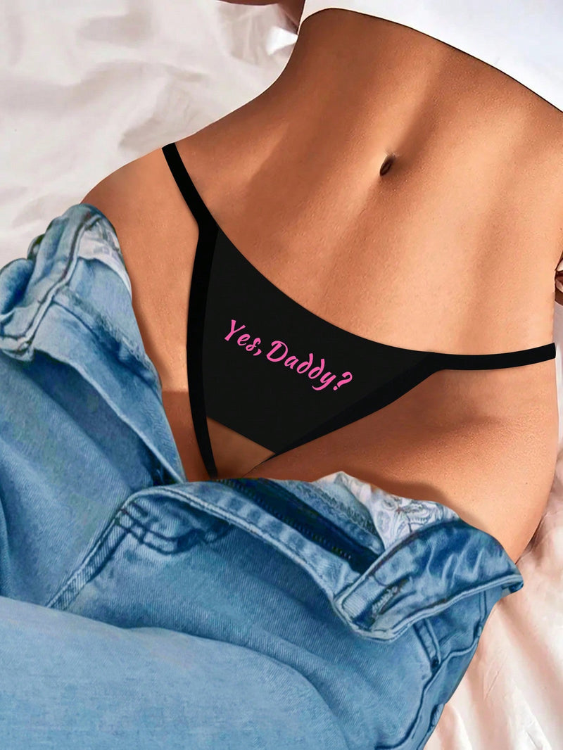 Tanga de entrepierna abierta impresa con letras rosas para damas sexys