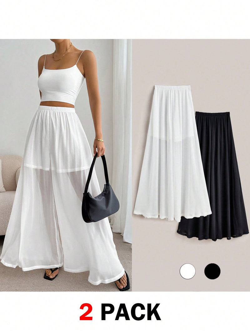 Essnce Pantalones anchos de verano para mujer en blanco y negro basicos solidos boho, pantalones fluidos de moda para vacaciones, 2 paquetes