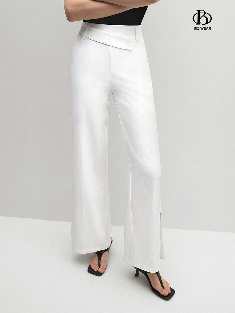 BIZwear Pantalones largos blancos con abertura para mujer de cintura alta