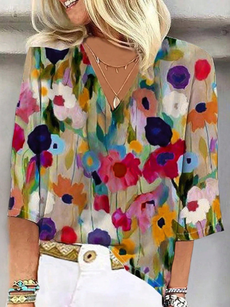 Camisa casual con estampado de flores para mujer (impresion no posicional)