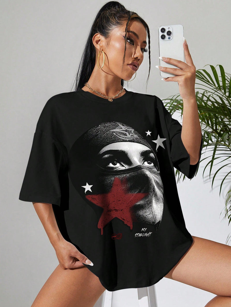 Camiseta Casual de Verano para Mujer con Cuello Redondo, Manga de Hombro Caido y Ajuste Suelto Impresa con Personajes