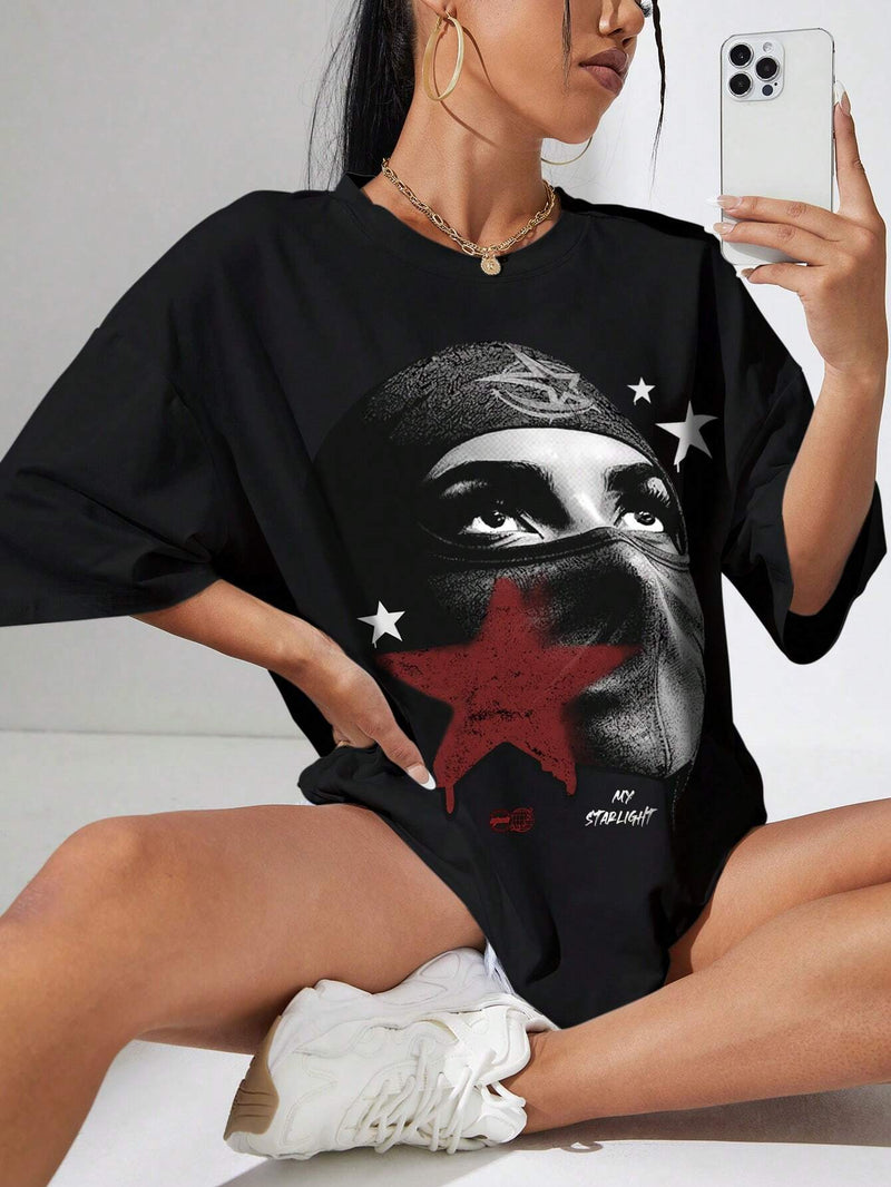 Camiseta Casual de Verano para Mujer con Cuello Redondo, Manga de Hombro Caido y Ajuste Suelto Impresa con Personajes