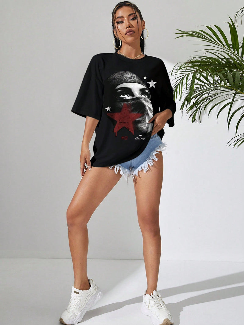 Camiseta Casual de Verano para Mujer con Cuello Redondo, Manga de Hombro Caido y Ajuste Suelto Impresa con Personajes