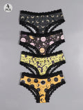 Dircho 4 piezas de sensuales y lindas pantaletas goticas para mujer con encaje contrastante, estampado con calaveras, gatos, murcielagos, estrellas y letras goticas en negro y rosa, comoda y suave ropa interior de seda para damas