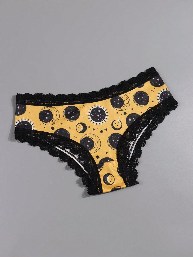 Dircho 4 piezas de sensuales y lindas pantaletas goticas para mujer con encaje contrastante, estampado con calaveras, gatos, murcielagos, estrellas y letras goticas en negro y rosa, comoda y suave ropa interior de seda para damas