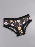 Dircho 4 piezas de sensuales y lindas pantaletas goticas para mujer con encaje contrastante, estampado con calaveras, gatos, murcielagos, estrellas y letras goticas en negro y rosa, comoda y suave ropa interior de seda para damas