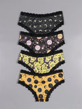 Dircho 4 piezas de sensuales y lindas pantaletas goticas para mujer con encaje contrastante, estampado con calaveras, gatos, murcielagos, estrellas y letras goticas en negro y rosa, comoda y suave ropa interior de seda para damas