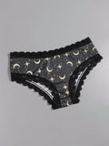 Dircho 4 piezas de sensuales y lindas pantaletas goticas para mujer con encaje contrastante, estampado con calaveras, gatos, murcielagos, estrellas y letras goticas en negro y rosa, comoda y suave ropa interior de seda para damas