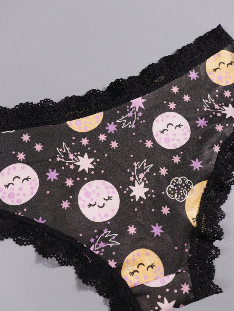 Dircho 4 piezas de sensuales y lindas pantaletas goticas para mujer con encaje contrastante, estampado con calaveras, gatos, murcielagos, estrellas y letras goticas en negro y rosa, comoda y suave ropa interior de seda para damas