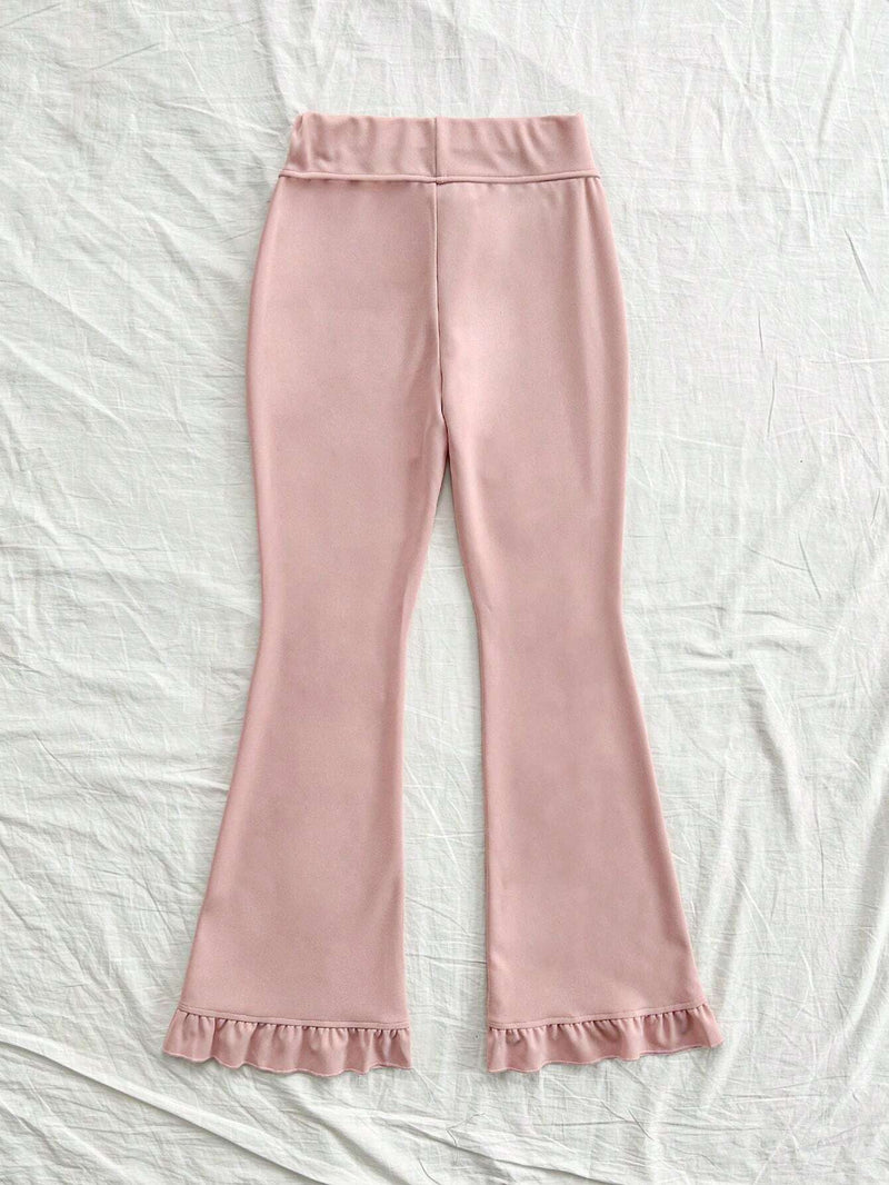 WYWH Pantalones acampanados dulces de vacaciones para mujer de unicolor con lazo y volantes