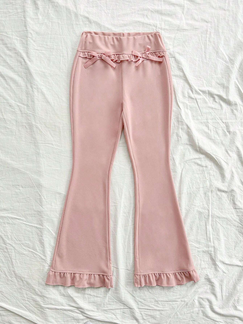 WYWH Pantalones acampanados dulces de vacaciones para mujer de unicolor con lazo y volantes