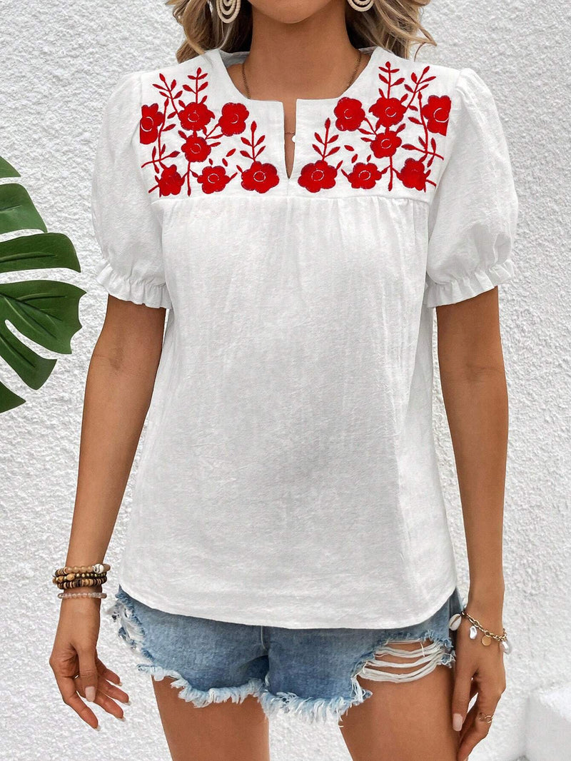 Camisa simple de manga corta para mujer con decoracion de bordado floral para uso diario