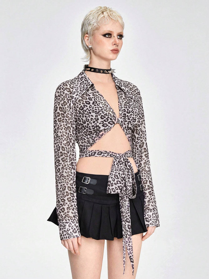 ROMWE Camisa de manga larga corta Fashion de verano con estampado de leopardo y frente retorcido de chifon