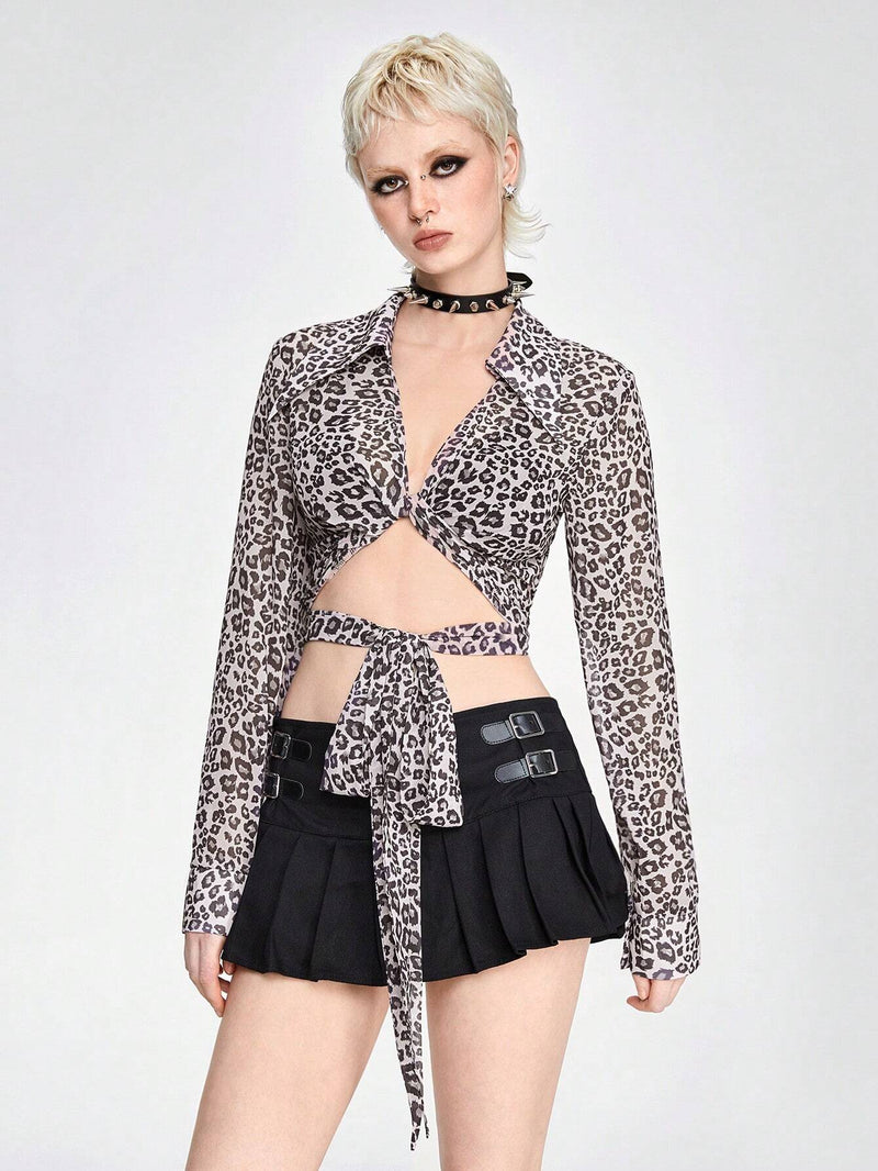 ROMWE Camisa de manga larga corta Fashion de verano con estampado de leopardo y frente retorcido de chifon