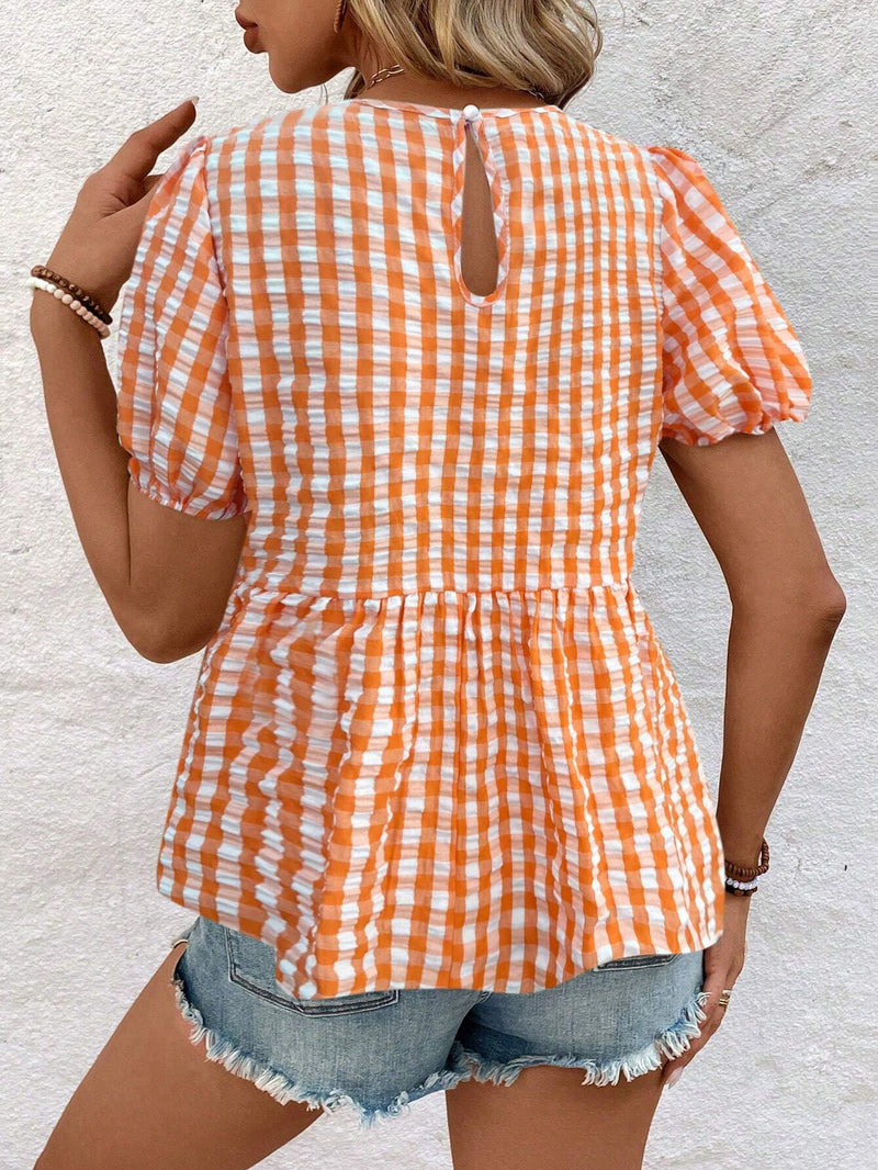 Camisa de cuadros con mangas abullonadas y estilo ocio para vacaciones